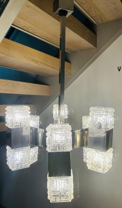 1960er Jahre Italienischer Gaetano Sciolari Chrom & Geometrisches Glas Pendelleuchte Kronleuchter