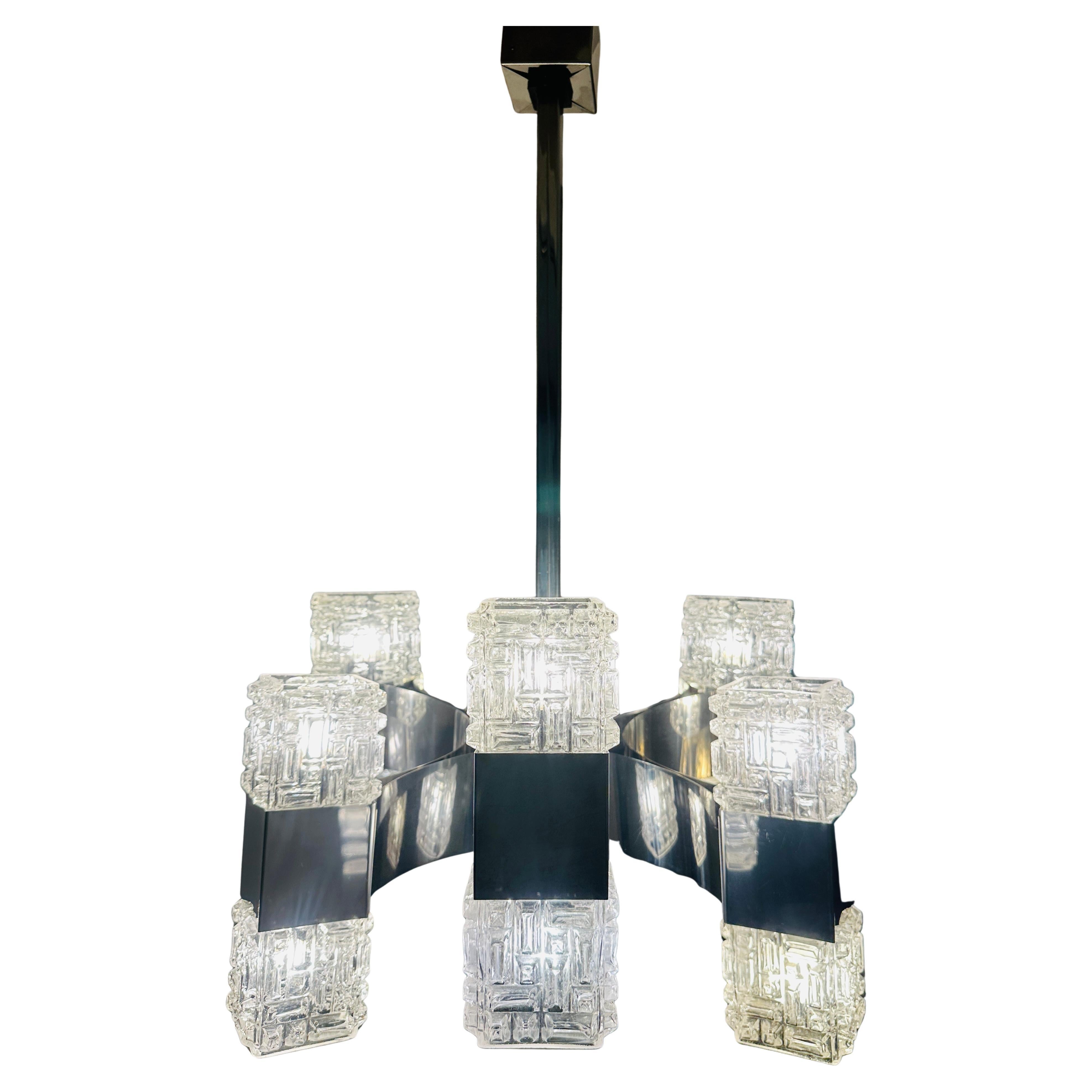 Lampadario a sospensione in vetro geometrico e cromo di Gaetano Sciolari del 1960