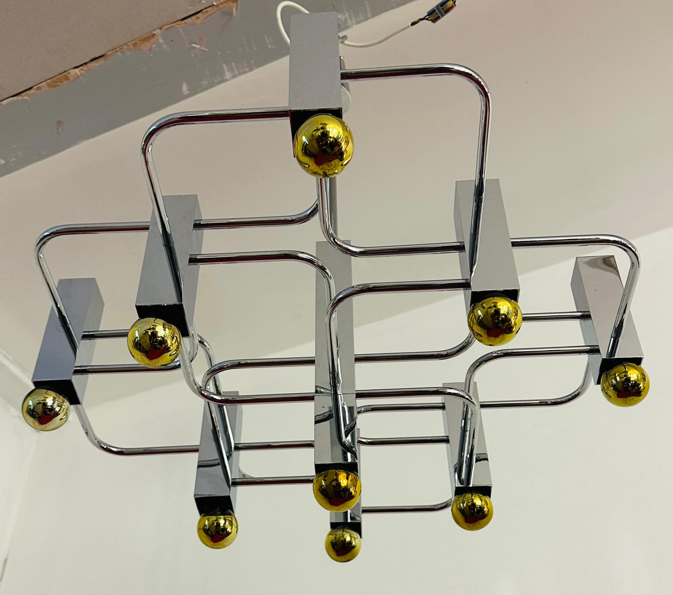 1960s Italian Gaetano Sciolari Geometric Polished Chrome Nine Light Chandelier For Sale 6