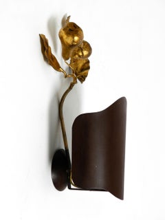 1960s Italian Gilded Florentine Wall Lamp with Large Brown Metal Shade