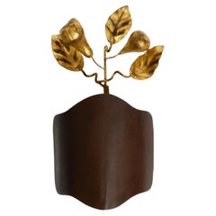 1960s Italian Gilded Florentine Wall Lamp with Large Brown Metal Shade
