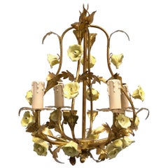 1960s Italian Gilded Rose Flower Tole Chandelier Hollywood Regency Style