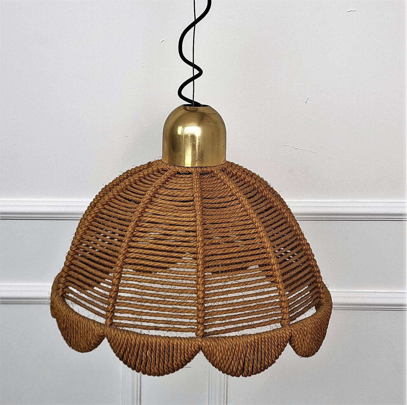 Bohemian 1960s Italian Gilt Brass Cord Woven Rope Pendant Suspension Hanging Light For Sale