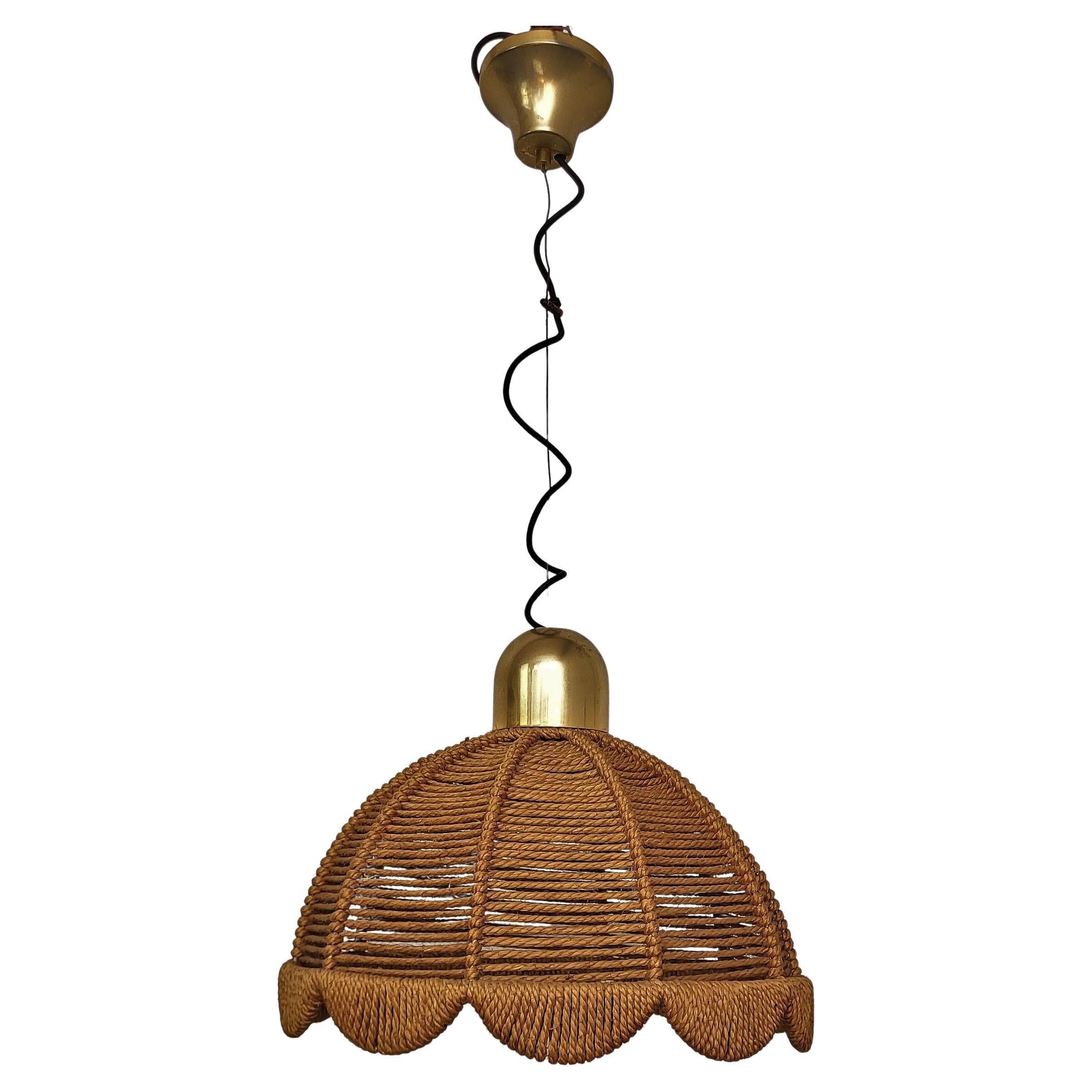1960s Italian Gilt Brass Cord Woven Rope Pendant Suspension Hanging Light For Sale