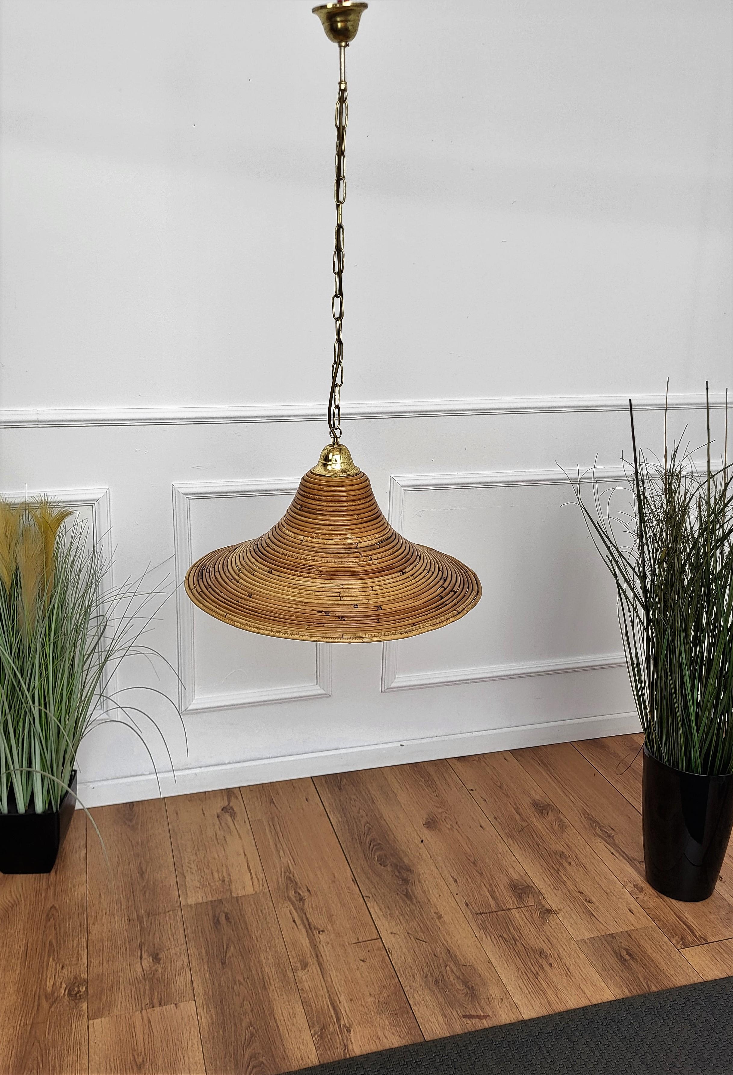 Bohemian 1960s Italian Gilt Brass Rattan Bamboo Wicker Pendant Suspension Hanging Light For Sale