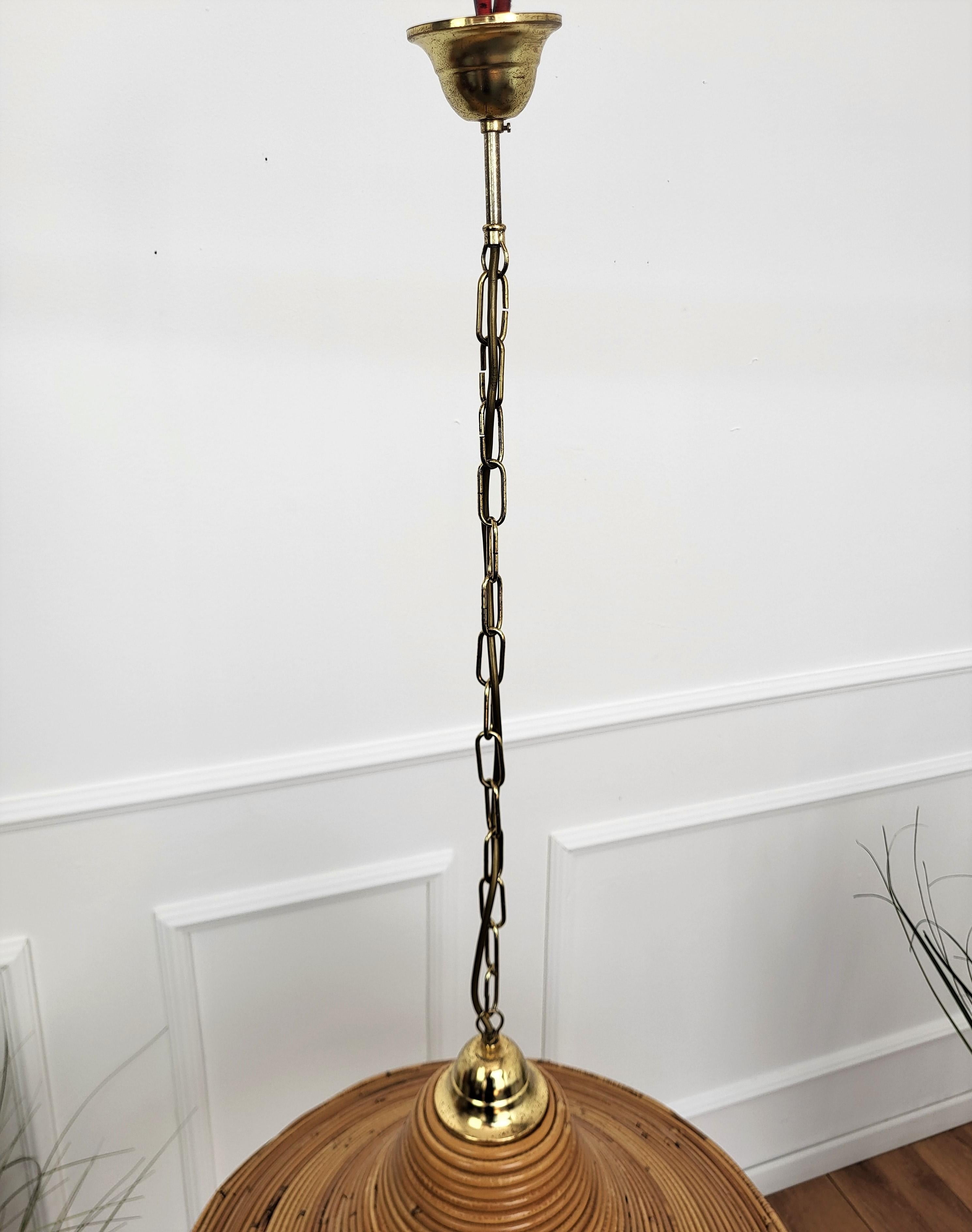 20th Century 1960s Italian Gilt Brass Rattan Bamboo Wicker Pendant Suspension Hanging Light For Sale