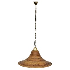 1960s Italian Gilt Brass Rattan Bamboo Wicker Pendant Suspension Hanging Light