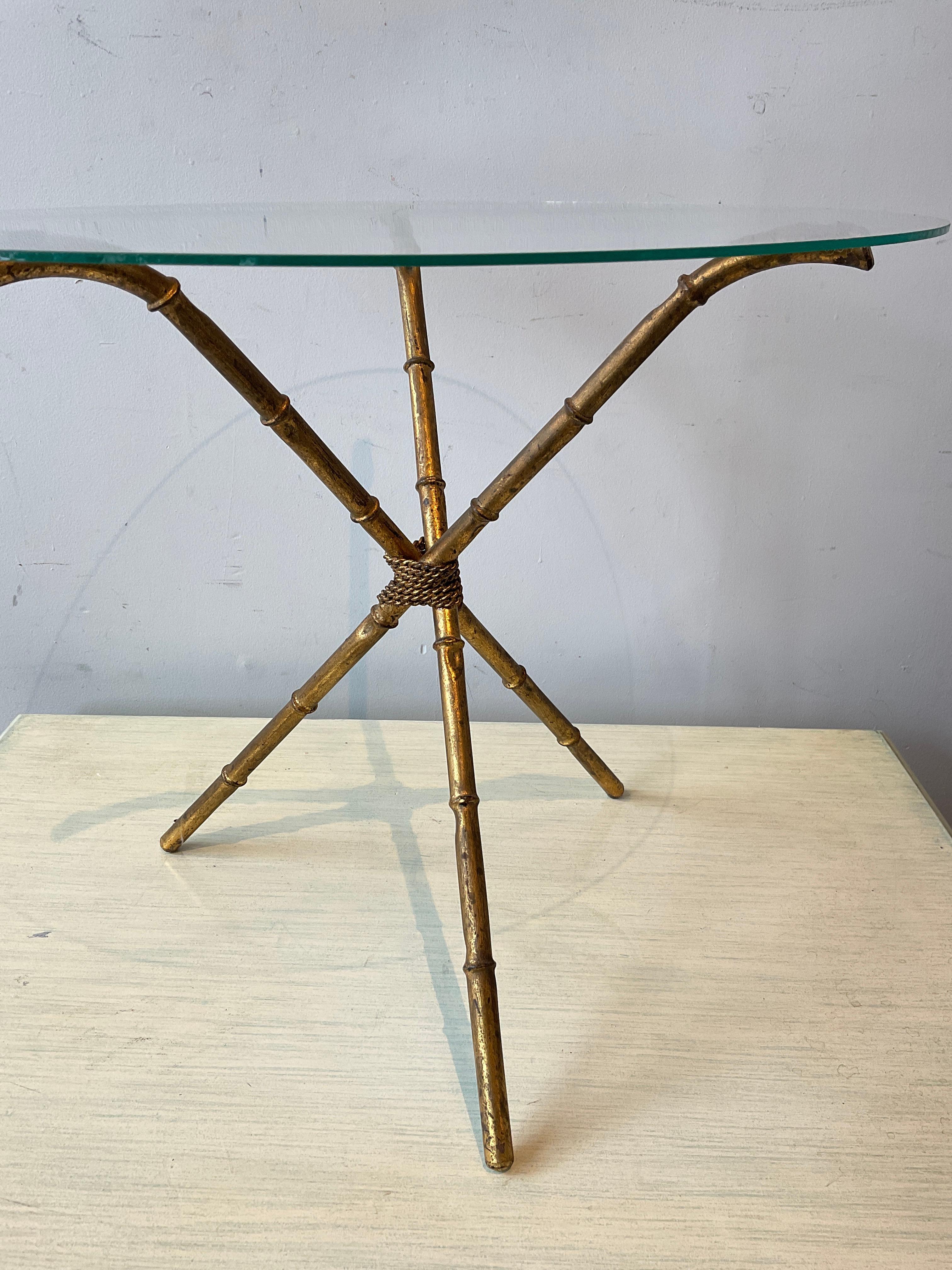 Glass 1960s Italian Gilt Metal Faux Bamboo Side Table For Sale