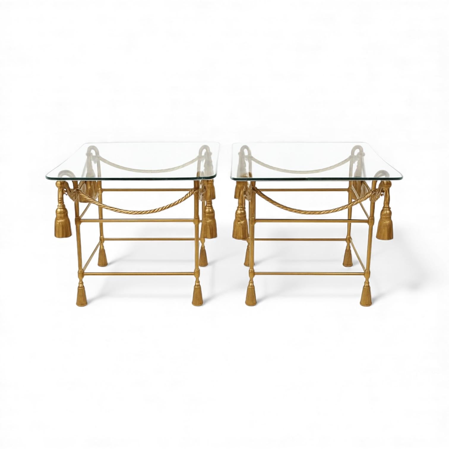 20ième siècle 1960's Italian Gilt Metal Tole Rope Tassel Stools Or Side Tables - Pair en vente