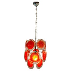 1960s Italian Gino Vistosi Murano Red Orange & Clear Glass Disc Chandelier