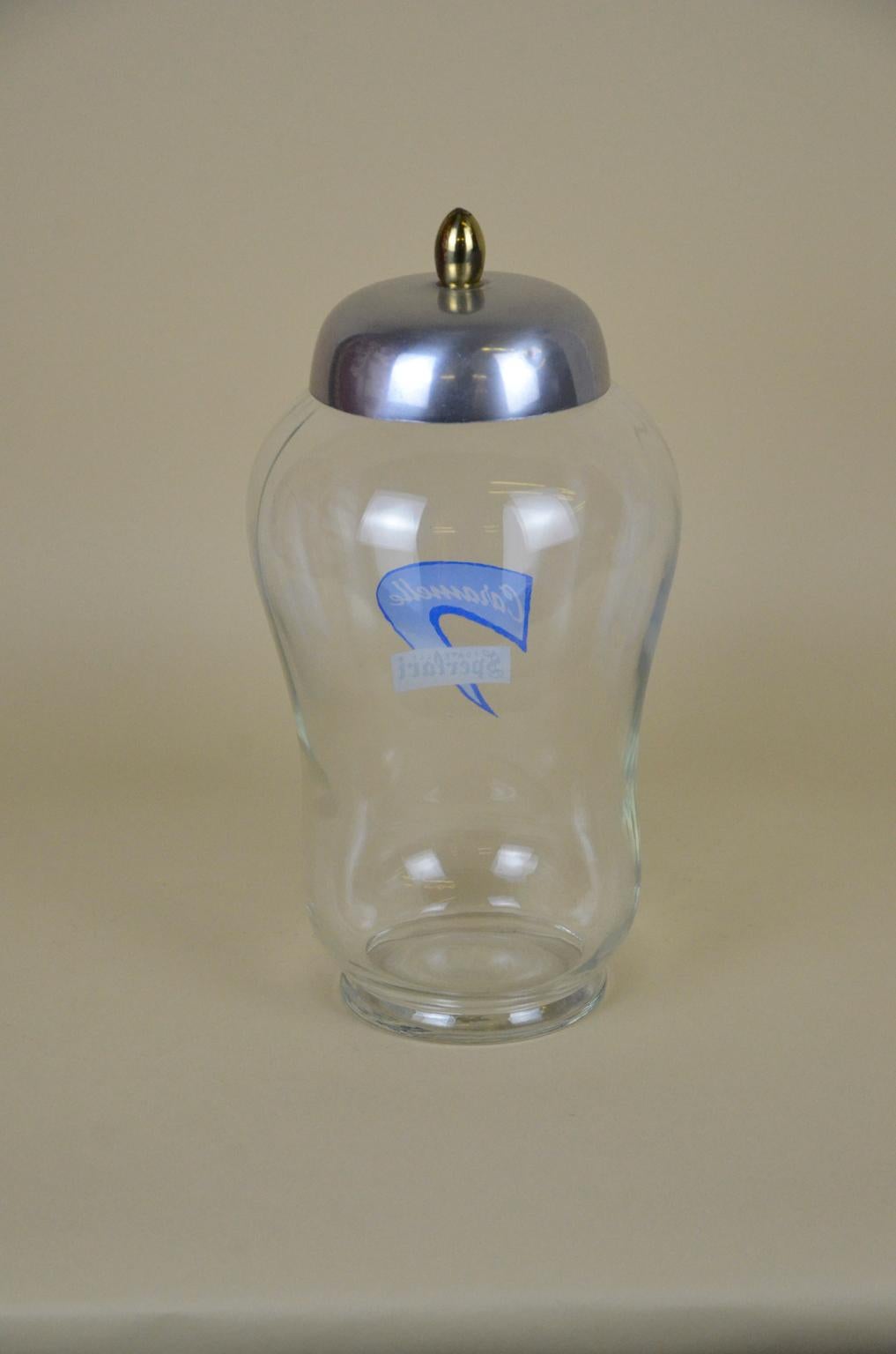Mid-Century Modern 1960s Italian Glass Advertising Jar with Lid Caramelle Fratelli Sperlari For Sale