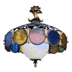 1960s Italian Glass, Iron, and Tole Pendant chandelier