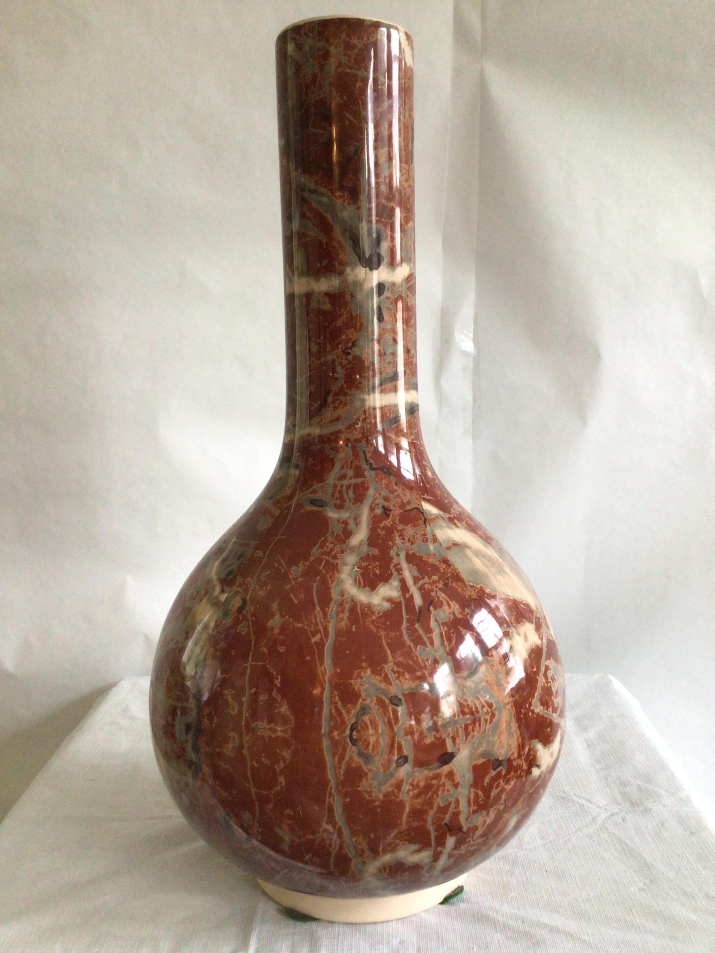 1960s Italian Glazed Ceramic Marbleized Vase 
Signed: BELLINI - ITALY
Rust reds, cream, and grey make up this beautiful faux marbled vase