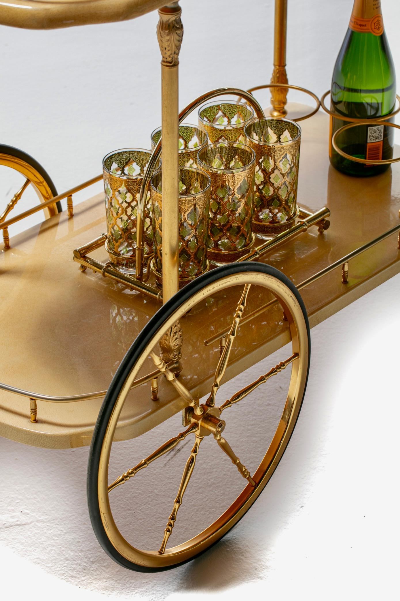 1960s Italian Goatskin Lacquer & Brass Bar Cart 4