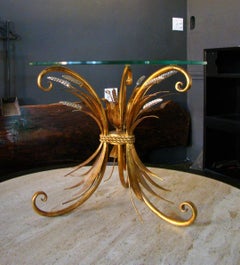 1960s Italian Gold Gilded Metal Small Round "Sheaf of Wheat" Side Table