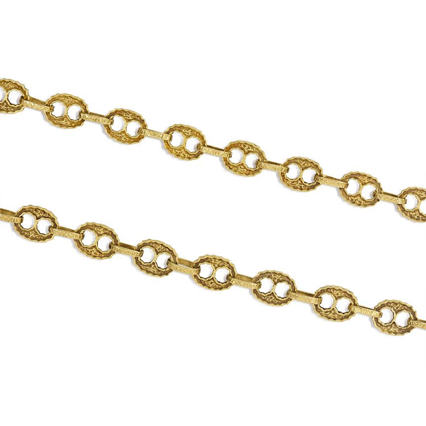 A long necklace comprised of textured gold nautical links, in 18k. Italy.  May be worn doubled.