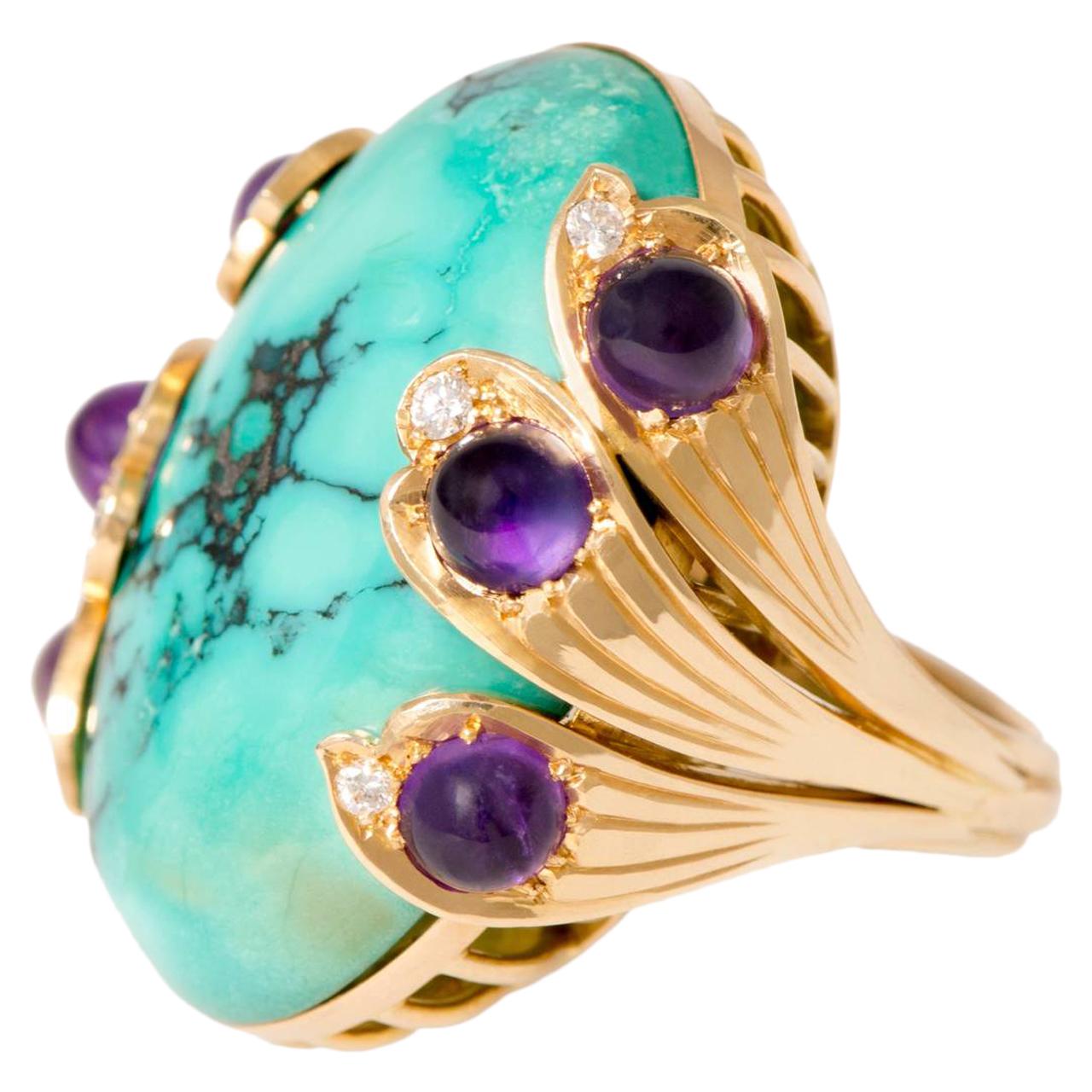 1960s Italian Gold, Turquoise, Amethyst and Diamond Ring