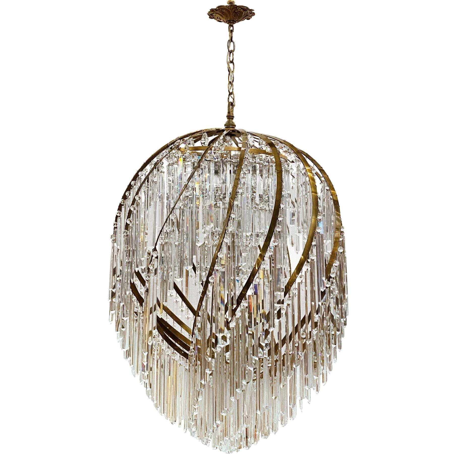 1960s Italian Grand Swirl Brass Crystal Chandelier from Beverly Hills