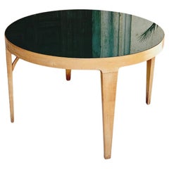 1960s Italian Green Glass and Wooden Round Table
