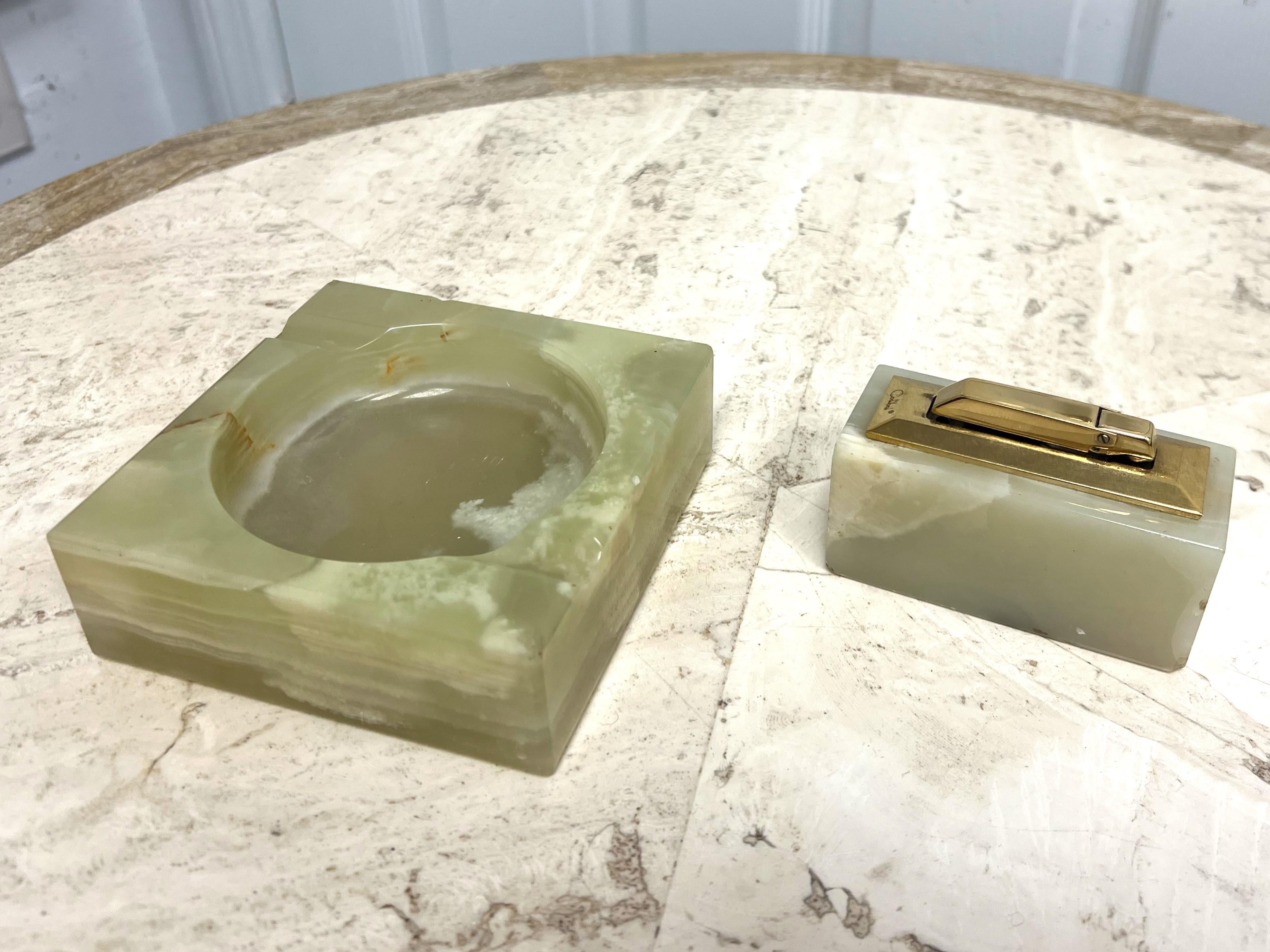 Hollywood Regency 1960’s Italian Green Onyx Ashtray and Table Lighter Smoking Set - a Set of 2 For Sale