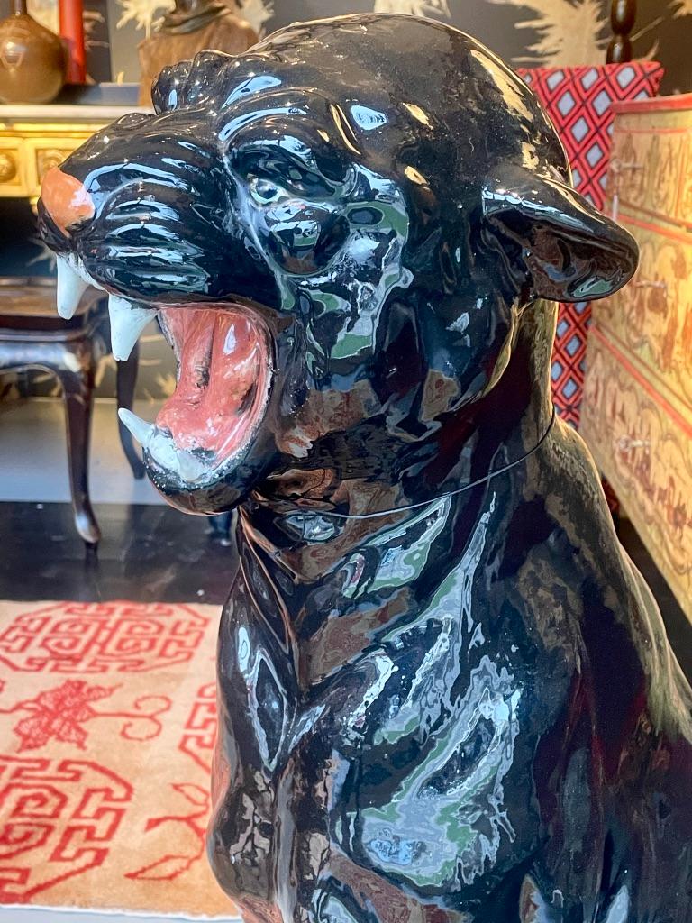 1960s Italian Hand Painted Ceramic Snarling Black Panther In Good Condition For Sale In London, GB
