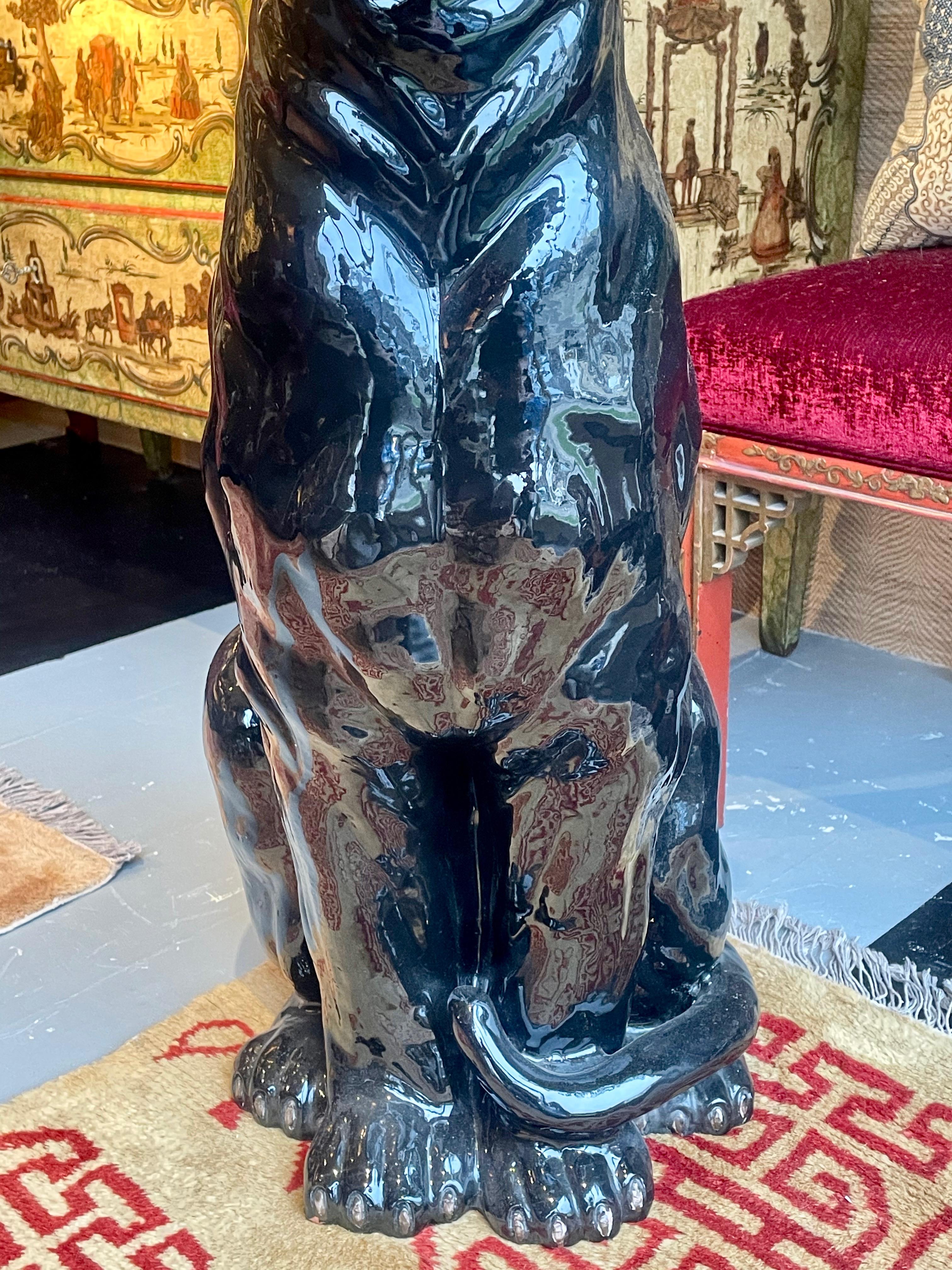 Mid-20th Century 1960s Italian Hand Painted Ceramic Snarling Black Panther For Sale