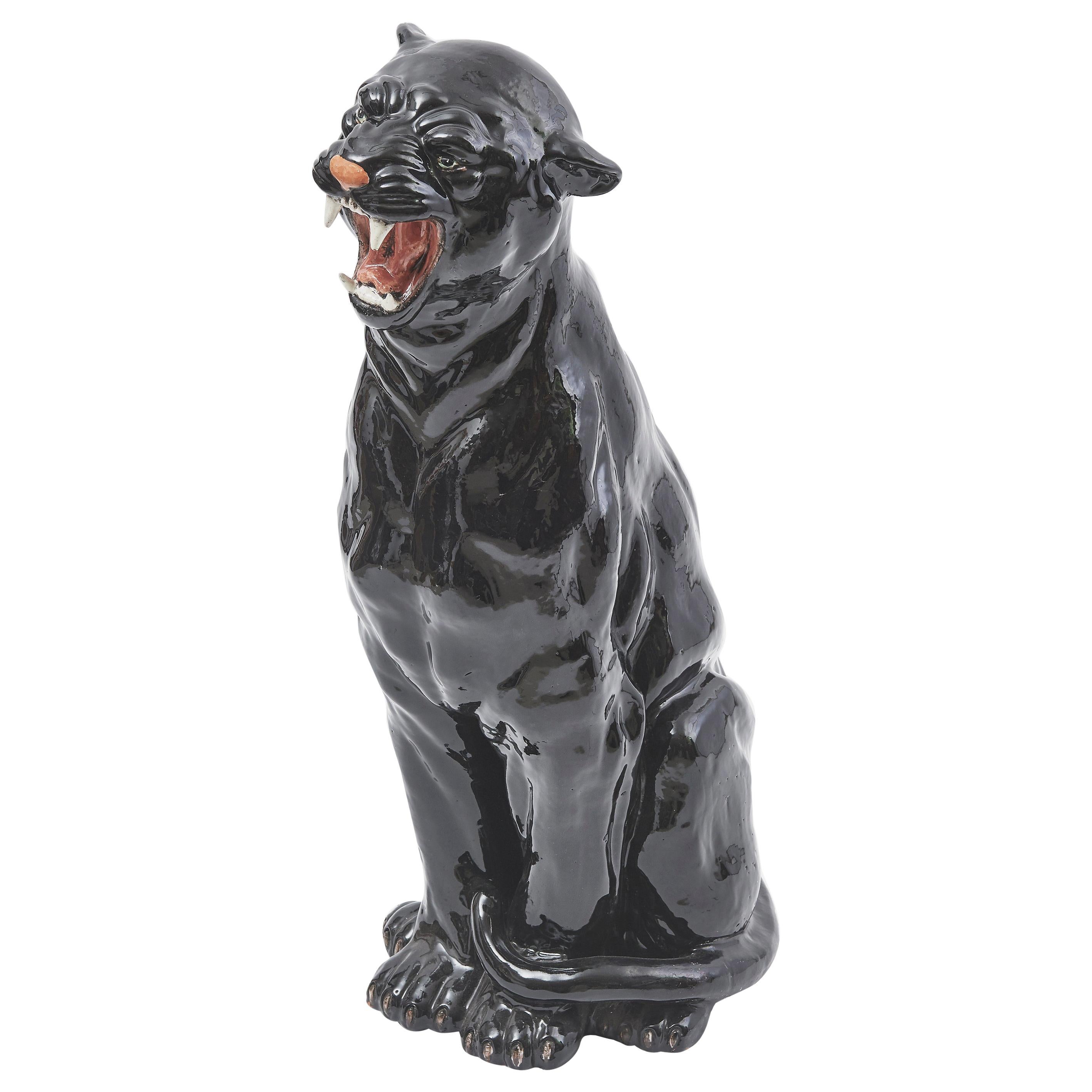 1960s Italian Hand Painted Ceramic Snarling Black Panther For Sale