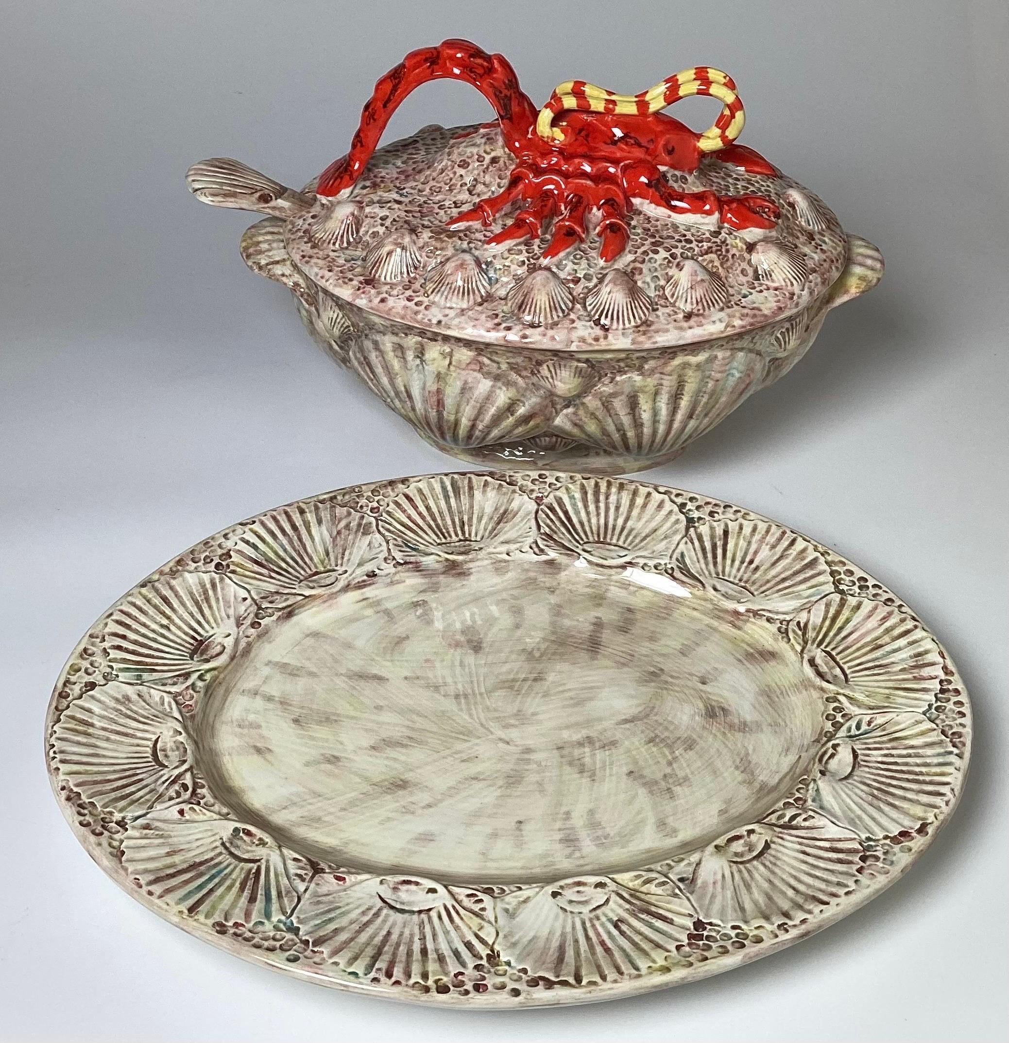 1960's Italian Hand Painted Lobster Soup Tureen with Underplate For Sale 5