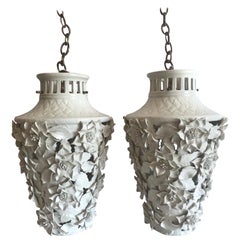 1960s Italian Hollywood Regency Ceramic Floral Pendant Lights