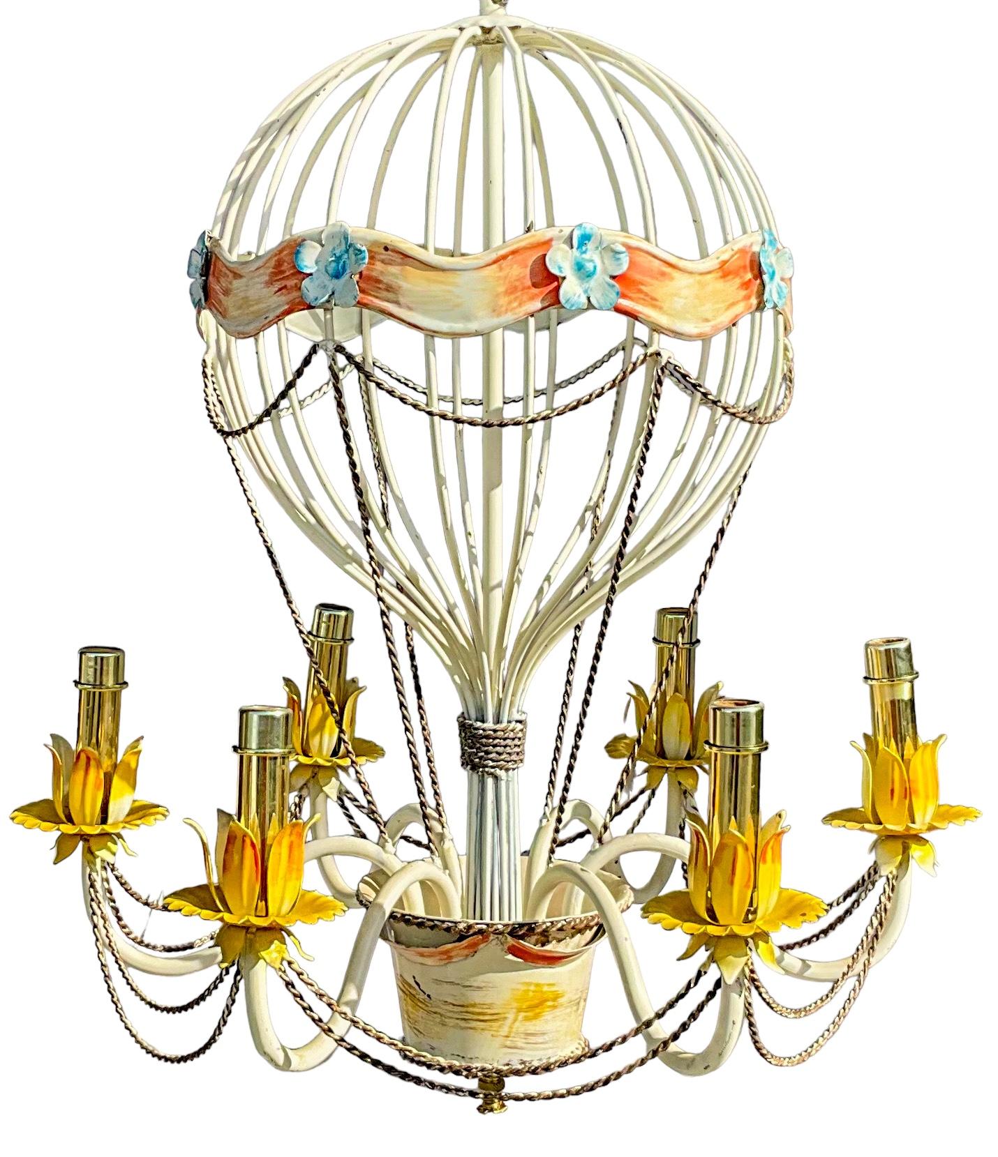 1960s Italian Hot Air Balloon Metal Tole Chandelier W/  French Styling - 6 Arm In Good Condition For Sale In Kennesaw, GA