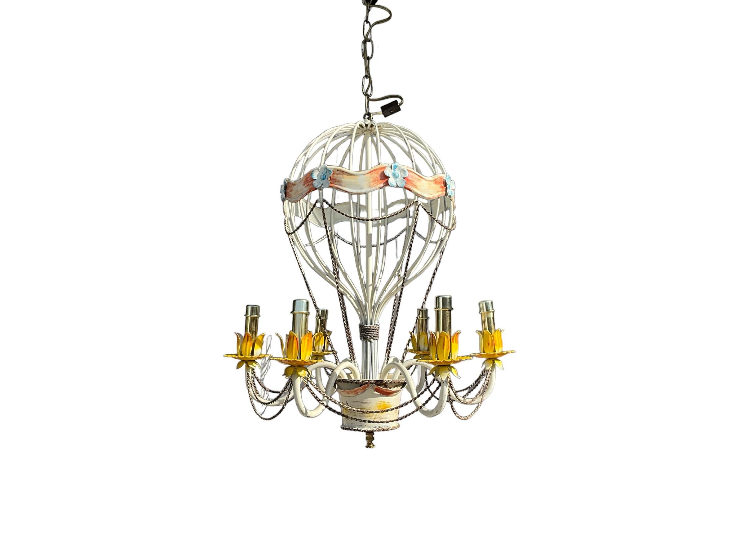 20th Century 1960s Italian Hot Air Balloon Metal Tole Chandelier W/  French Styling - 6 Arm For Sale