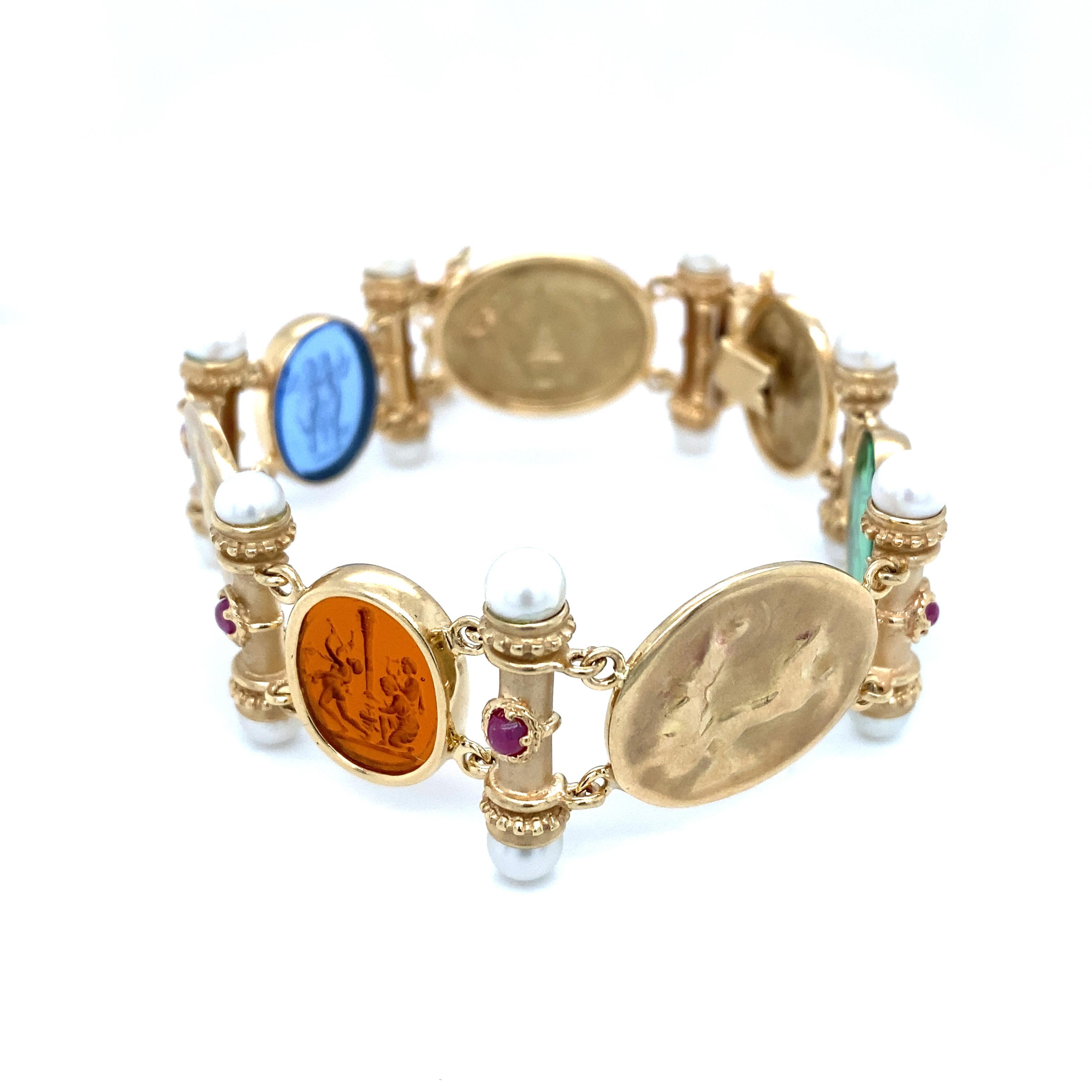 Bracelet italien des années 1960 à maillons en or 14 carats avec perles et rubis Excellent état - En vente à Atlanta, GA