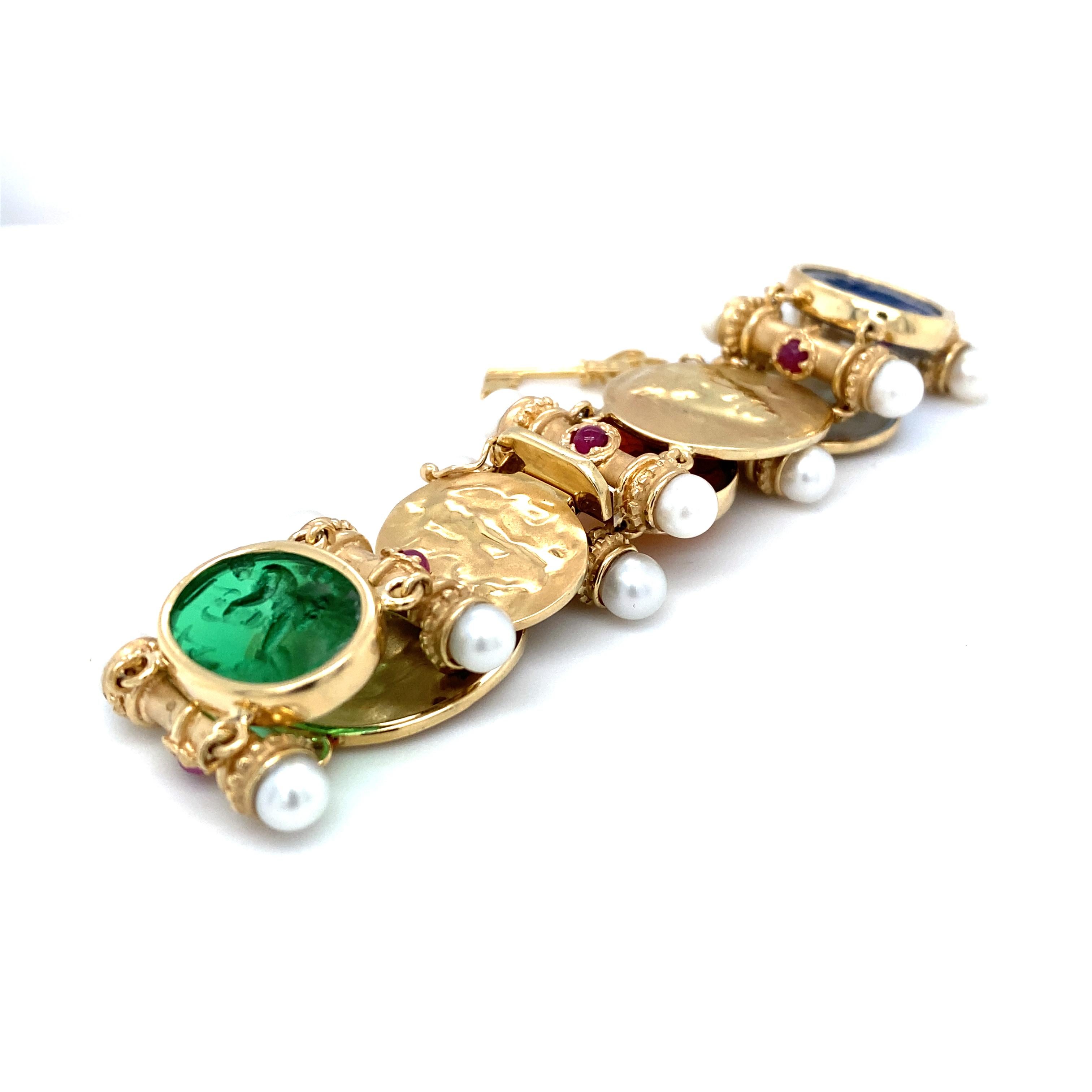 Women's or Men's 1960s Italian Intaglio Link Bracelet with Pearls and Rubies in 14 Karat Gold For Sale