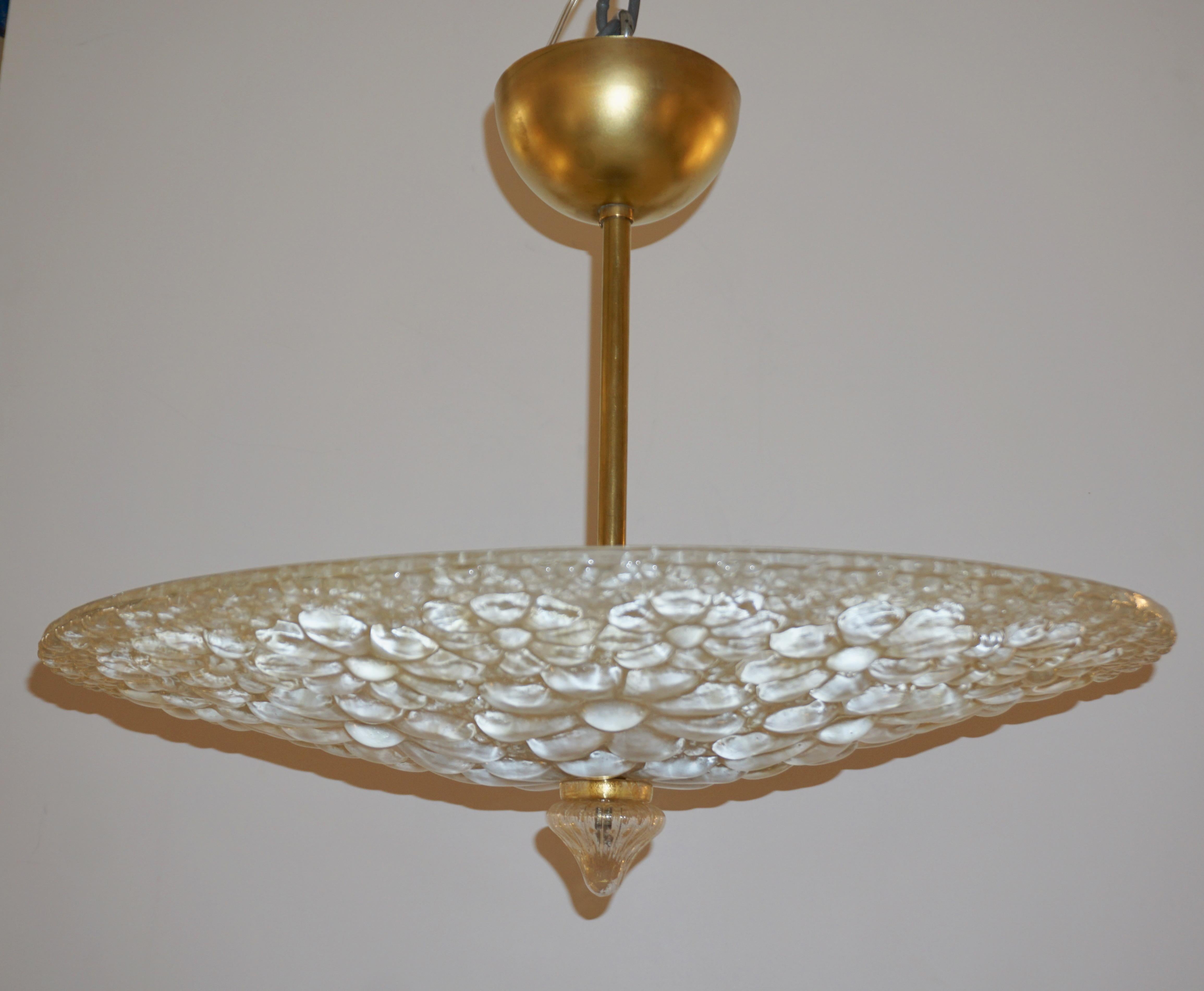 1960s Italian Ivory Flower Embossed Murano Glass Brass Flushmount / Pendant 5