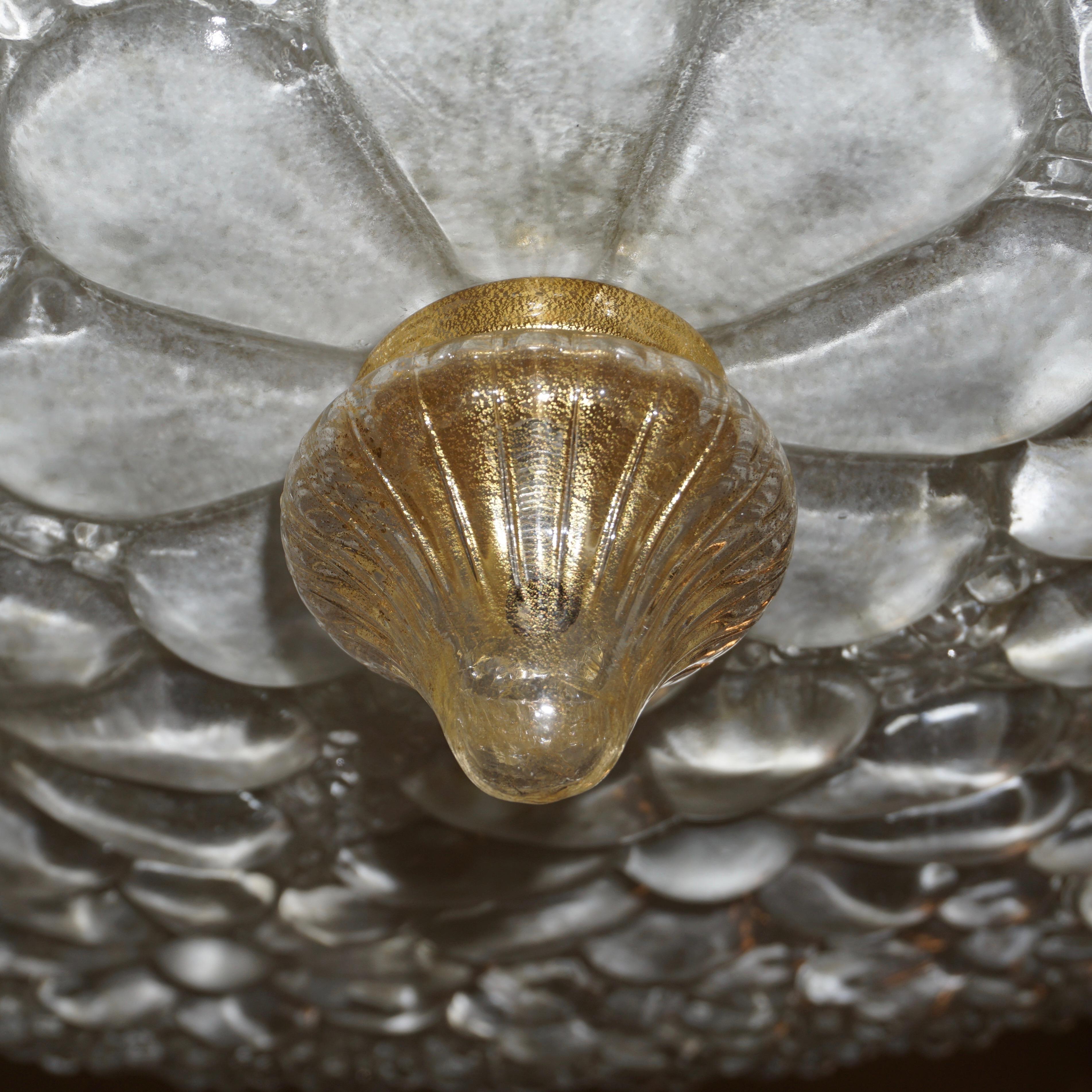 1960s Italian Ivory Flower Embossed Murano Glass Brass Flushmount / Pendant 6