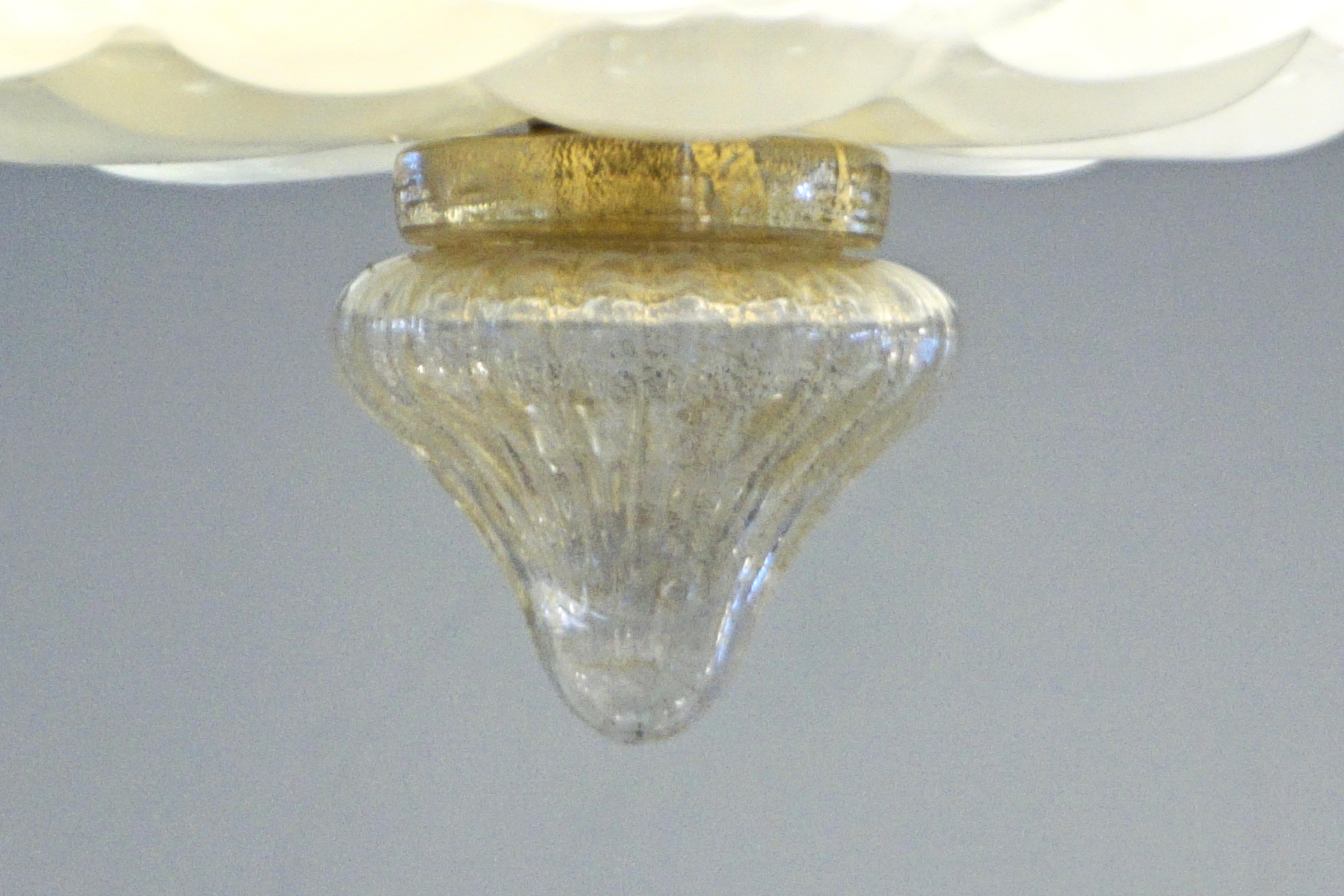 Mid-20th Century 1960s Italian Ivory Flower Embossed Murano Glass Brass Flushmount / Pendant