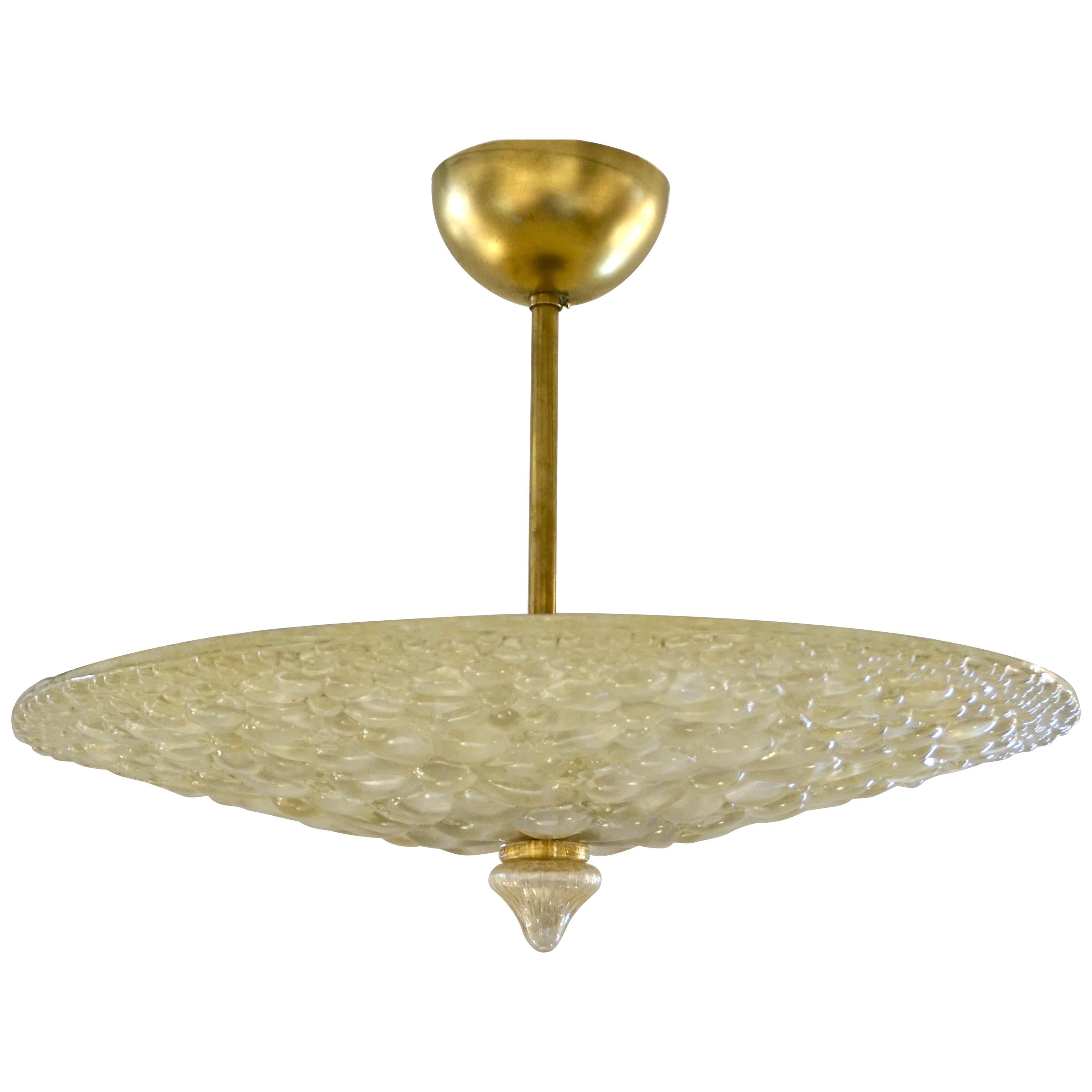 1960s Italian Ivory Flower Embossed Murano Glass Brass Flushmount / Pendant 1