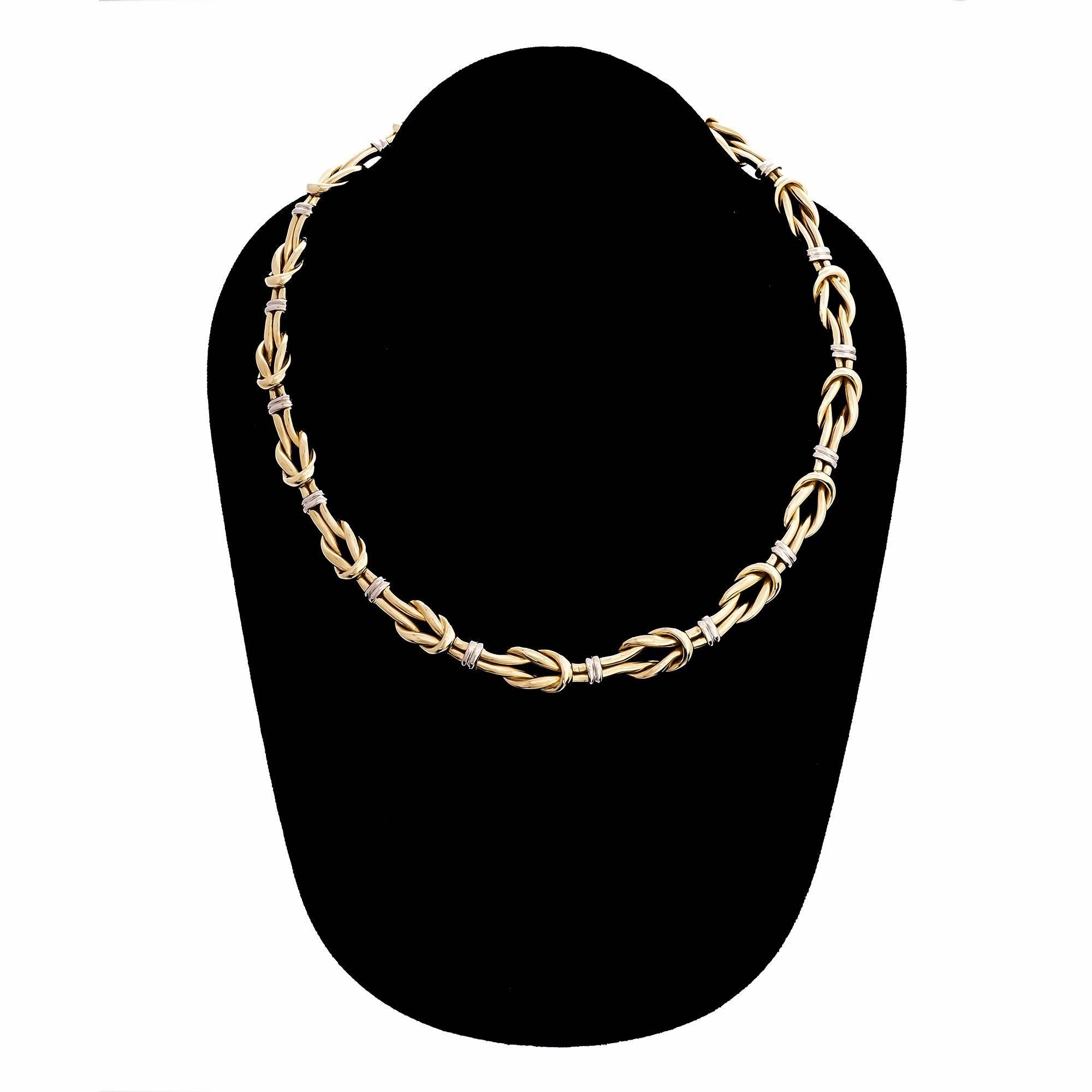 Vintage 1960s 18k yellow and white gold hinged link necklace, 16.5 inches long. Italian makers mark.

18k yellow and white gold
63.8 grams
Tested: 18k
Stamped: 750
Hallmark: N2633 Italy
Length: 16.5 inches – Width: 10.54mm – Depth: 4.66mm



