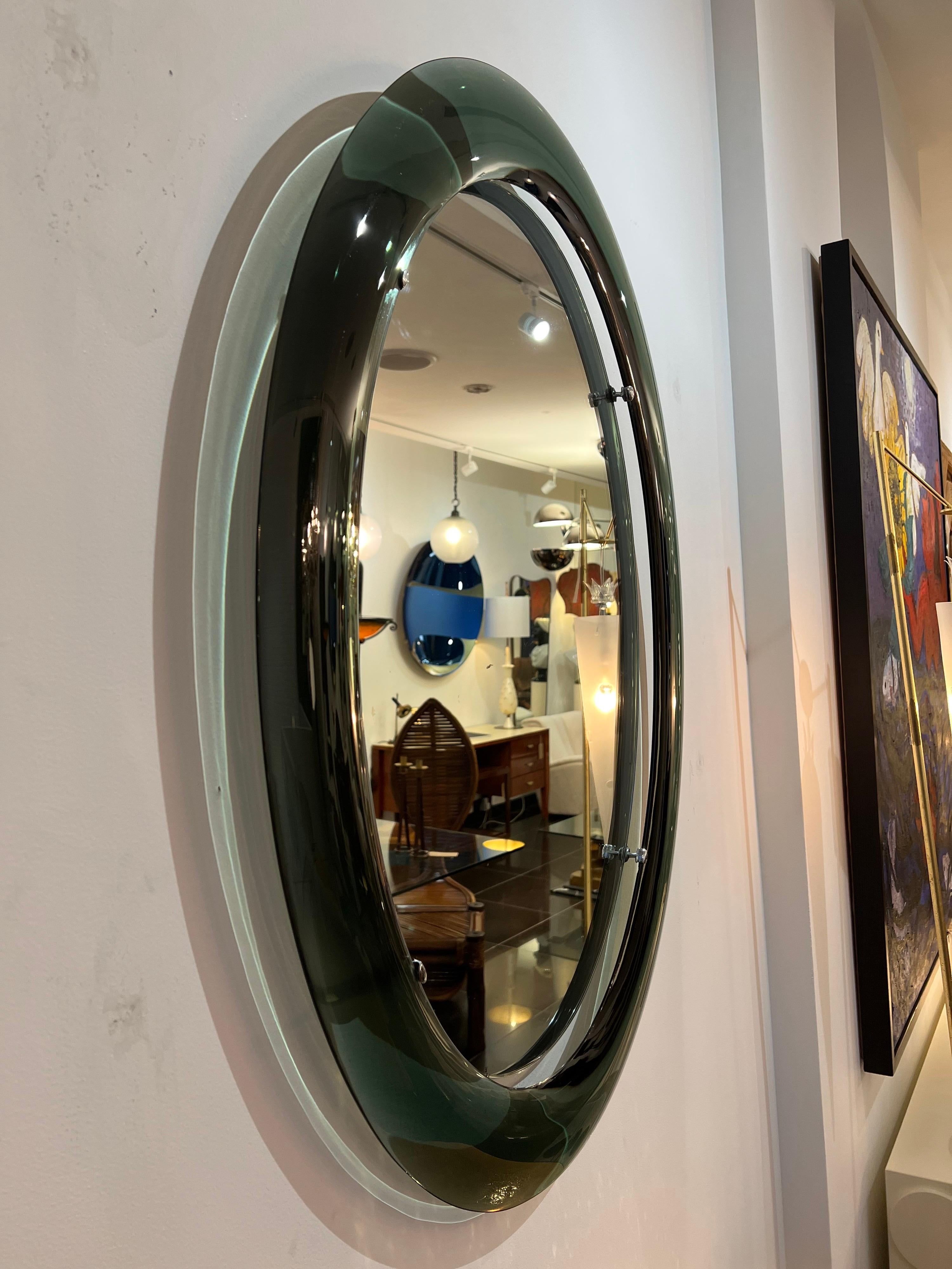 Metalwork 1960s Italian Large Oval Glass Framed Wall Mirror