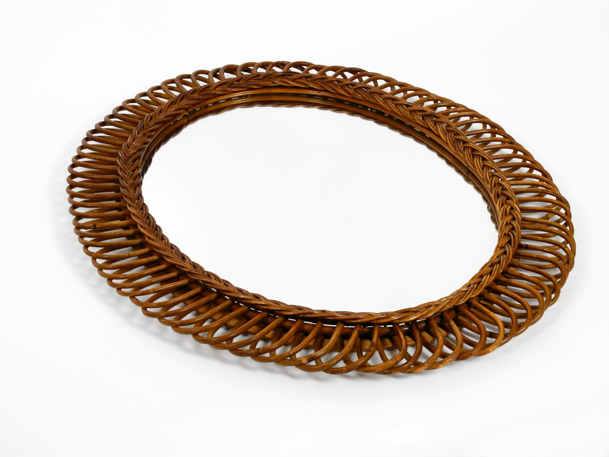 Mid-Century Modern 1960s Italian Large Oval Wall Mirror Made of Bamboo or Rattan in Loop Design