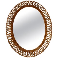1960s Italian Large Oval Wall Mirror Made of Bamboo or Rattan in Loop Design