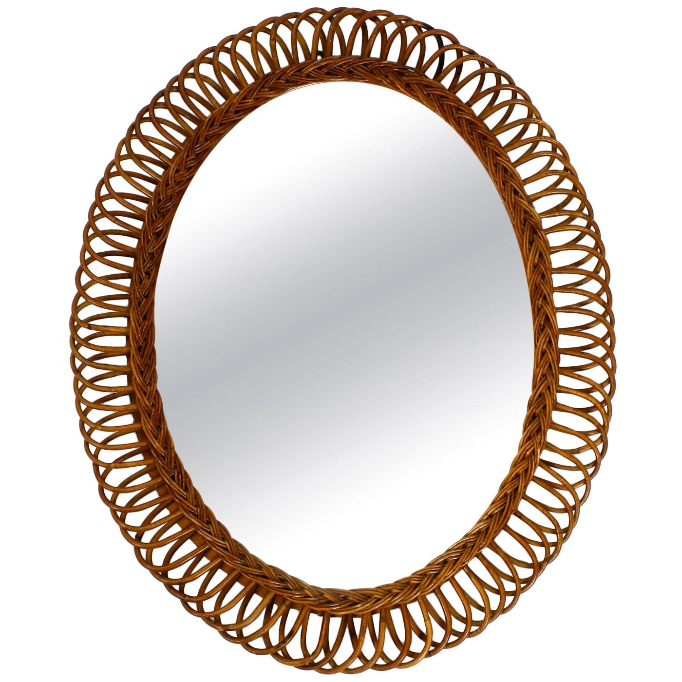 1960s Italian Large Oval Wall Mirror Made of Bamboo or Rattan in Loop Design
