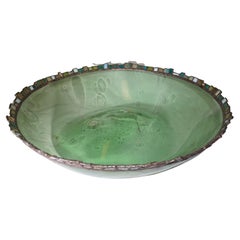 Vintage 1960s Italian Large Scale Green Blown Glass Bowl with Glass Mosaic Detail