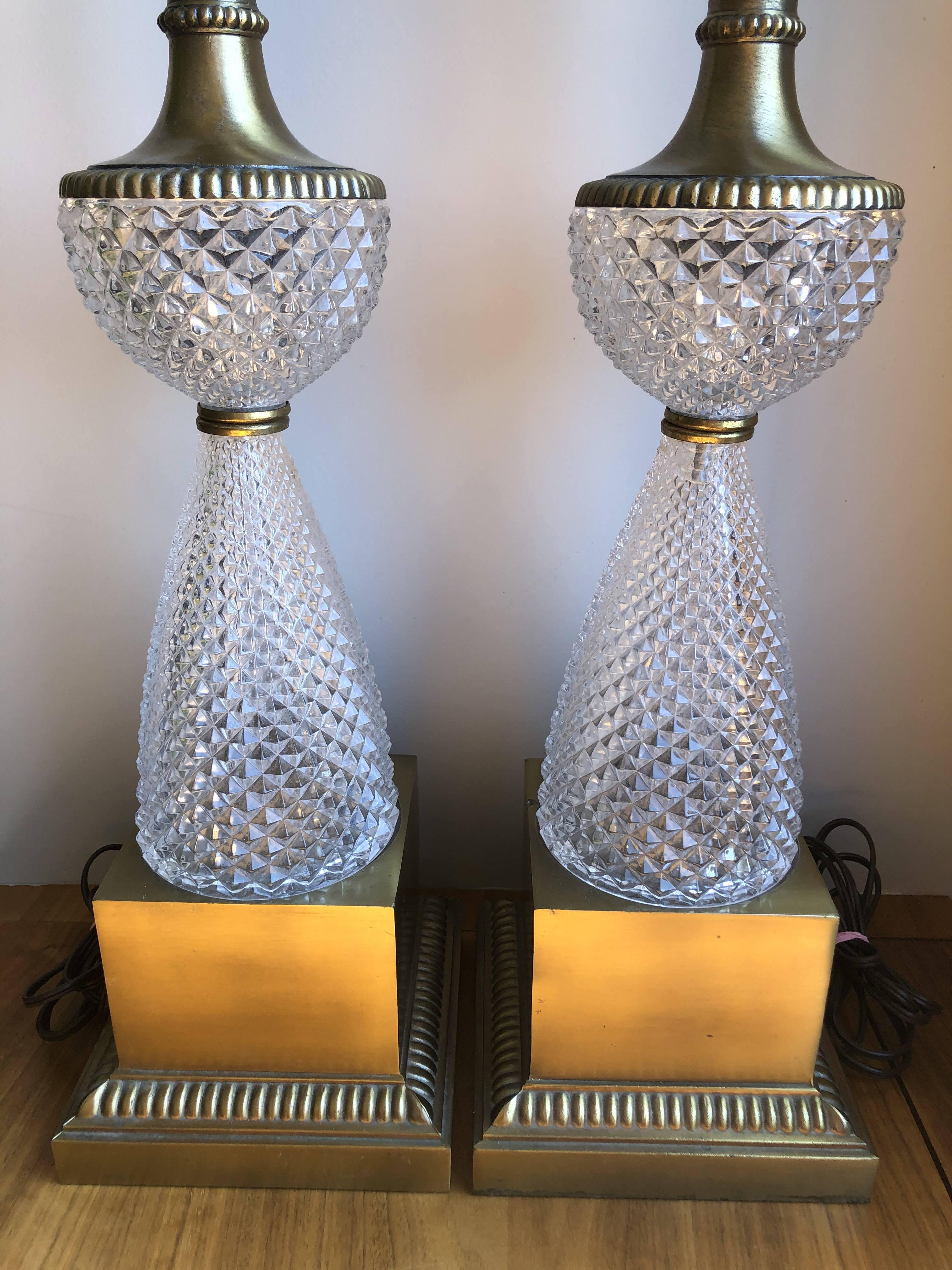 1960s Italian Lead Crystal Brass Lamps, a Pair For Sale 5