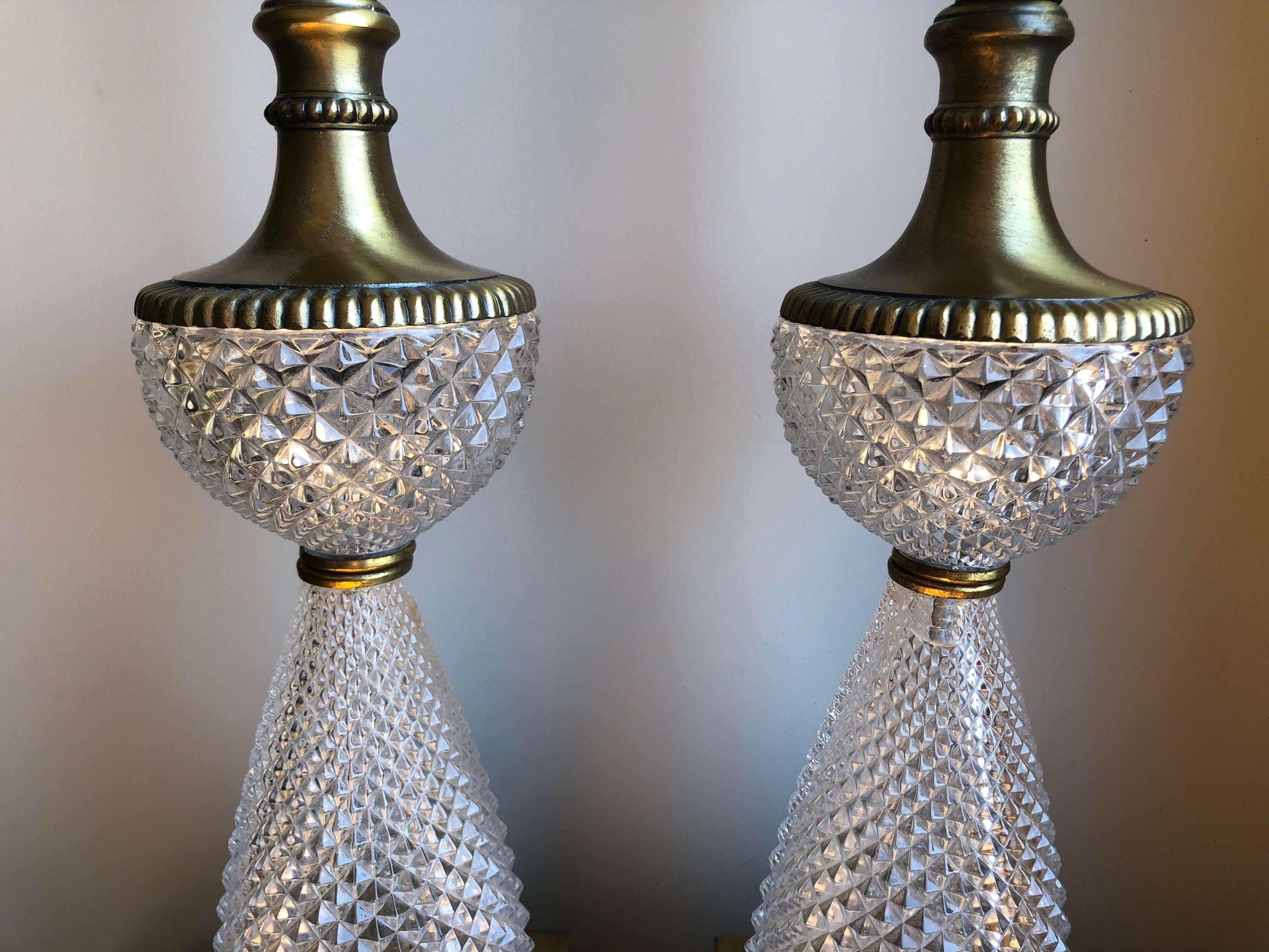 20th Century 1960s Italian Lead Crystal Brass Lamps, a Pair For Sale