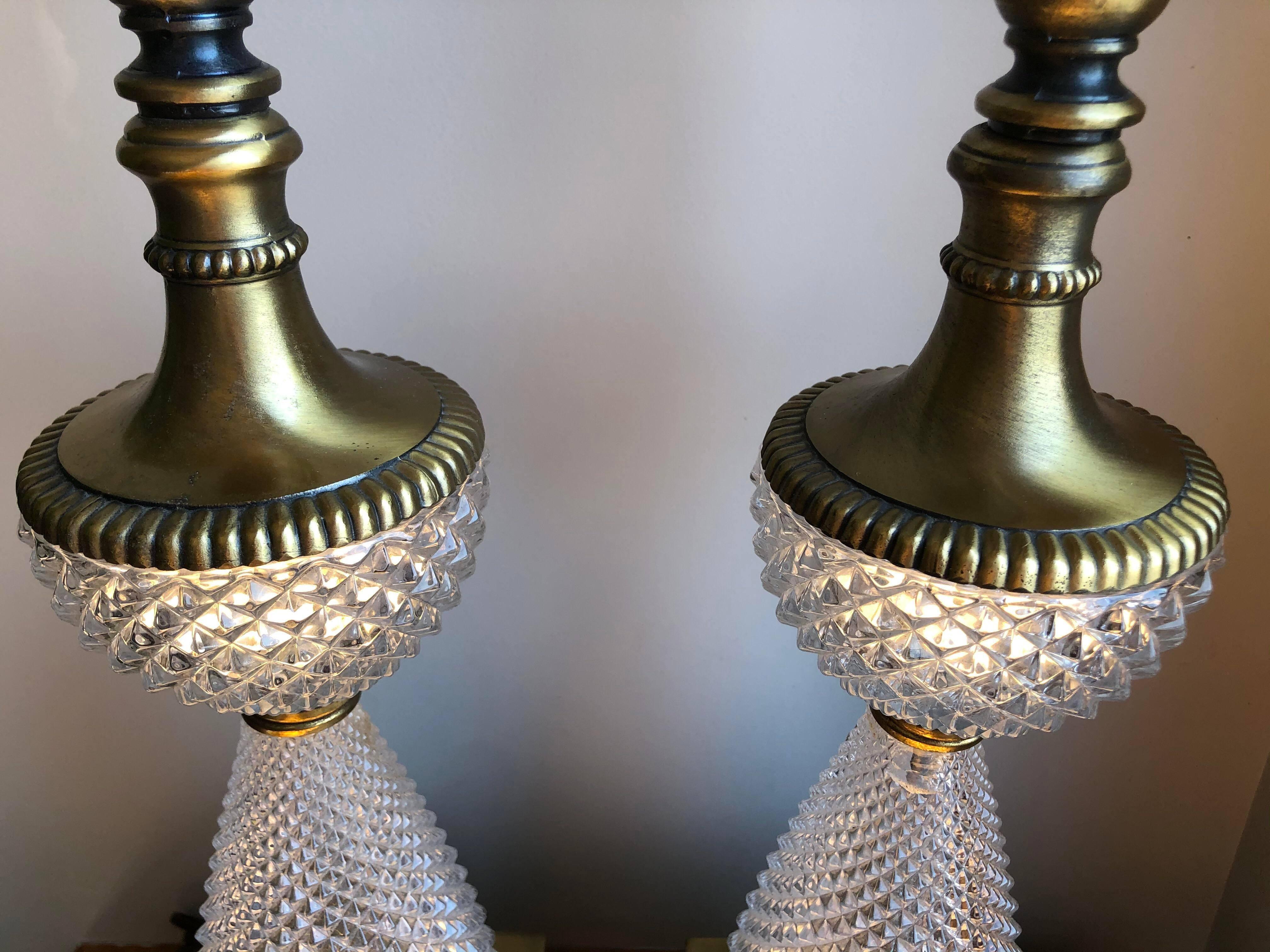 1960s Italian Lead Crystal Brass Lamps, a Pair For Sale 1