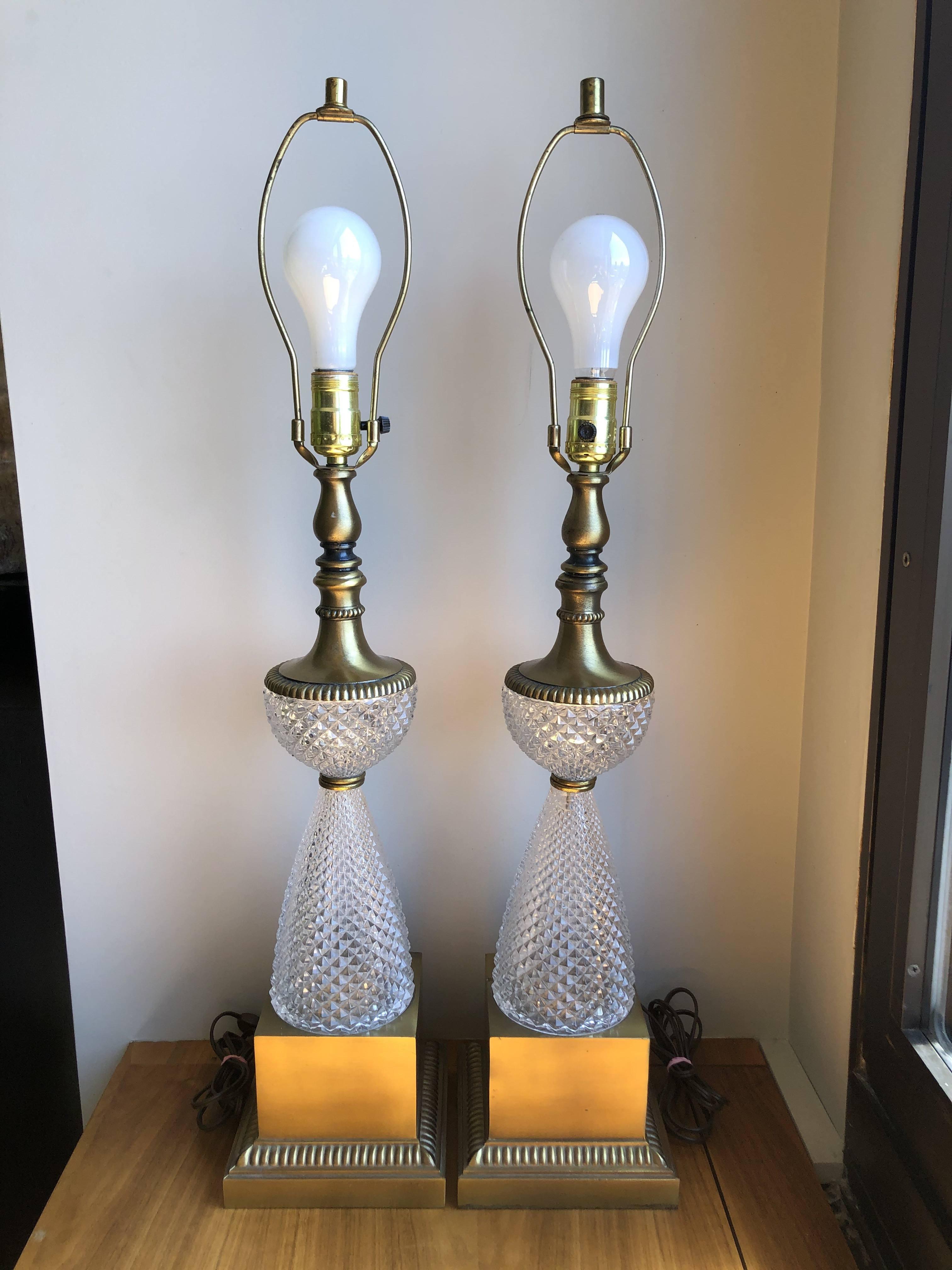 1960s Italian Lead Crystal Brass Lamps, a Pair For Sale 3