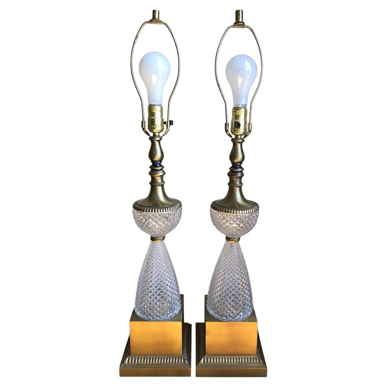 1960s Italian Lead Crystal Brass Lamps, a Pair For Sale