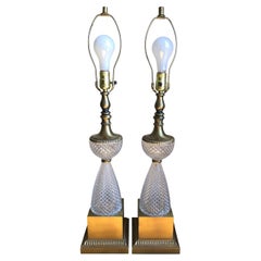 1960s Italian Lead Crystal Brass Lamps, a Pair