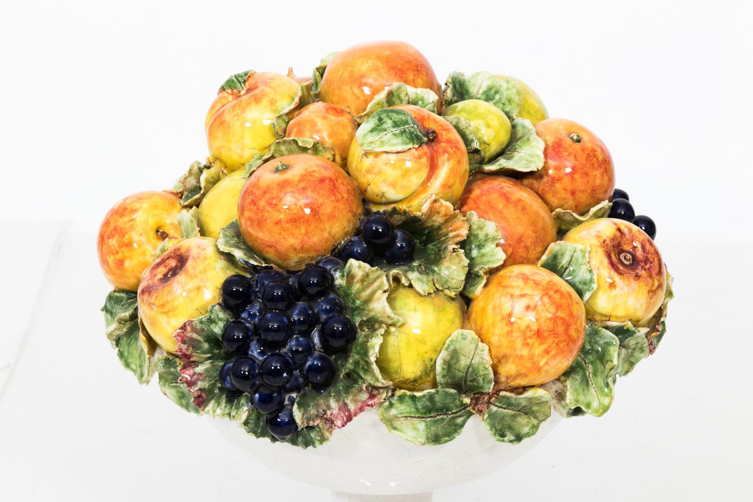 Glazed 1960s Italian Majolica Ceramic Fruit Basket Center Piece